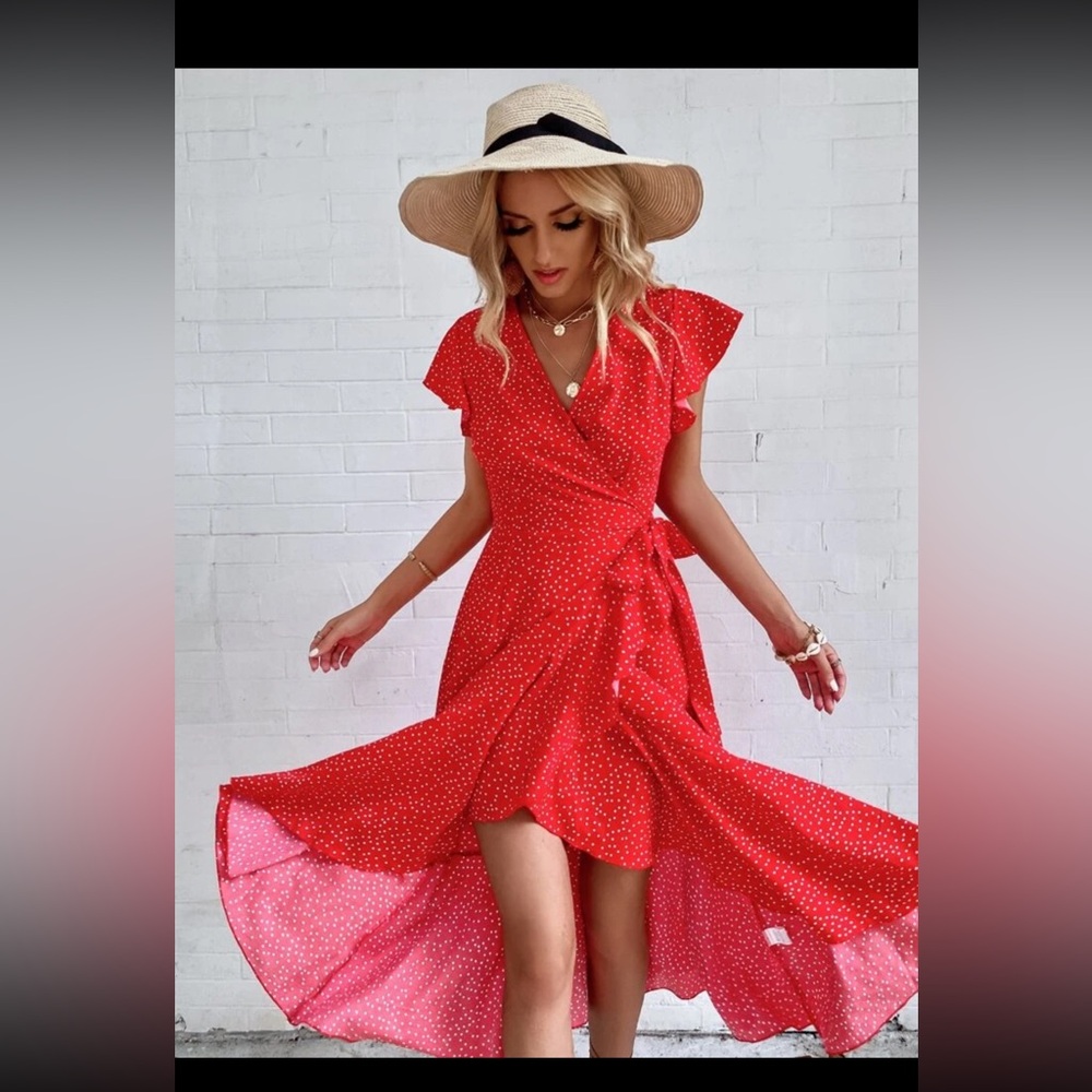 Red and polka dot dress wrap dress